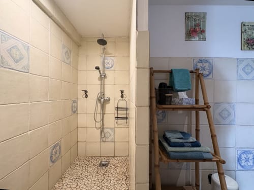 Modern shower with decorative blue tiles and wooden ladder shelf with towels at Ferme de la Forterie Verlinghem, Verlinghem,
