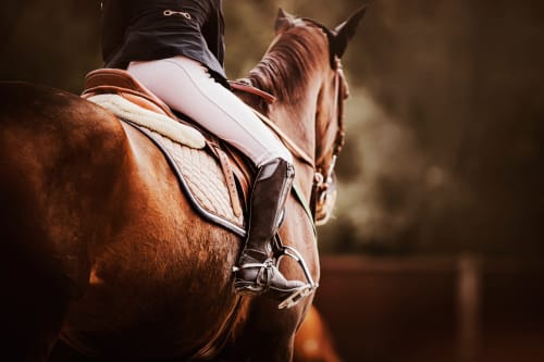 Cavaliere a cavallo su un cavallo marrone con sella western e stivali neri