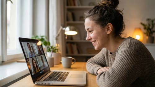 Mujer en videollamada por laptop en el espacio de trabajo del Hotel Can Carol B&B en Capellades