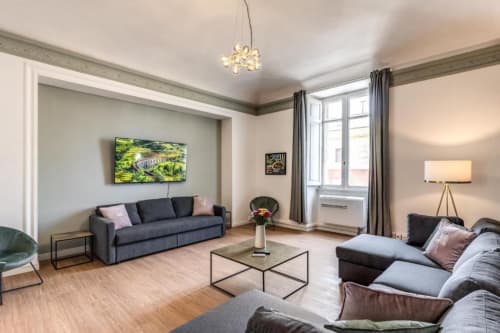 Moderno salotto a Roma con divani grigi, pavimenti in legno, TV a schermo piatto e vista giardino dalle ampie finestre