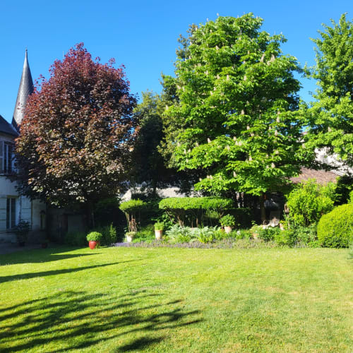 Jardin ensoleillé du Logis des Tourelles à Cognac avec pelouse verdoyante et arbres en fleur