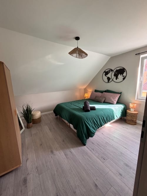 Chambre sous les combles cosy aux Logis d'Emma avec literie verte, parquet et décoration moderne dans l'appartement Le Col'Vert