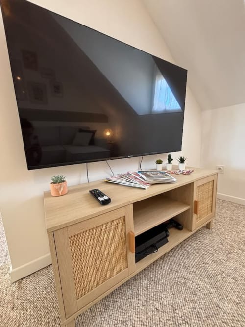 Console TV en bois moderne avec téléviseur écran plat et plantes en pot à l'appartement Les Logis d'Emma