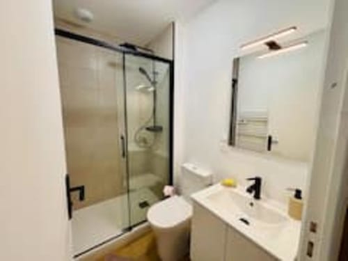 Salle de bains moderne de l'appartement Les Logis d'Emma avec douche vitrée, vasque blanche et toilettes