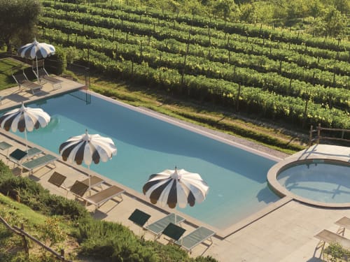 Piscina dell'Agriturismo Il Serraglio con vista sugli vigneti di Montepulciano, ombrelloni rigati e lettini