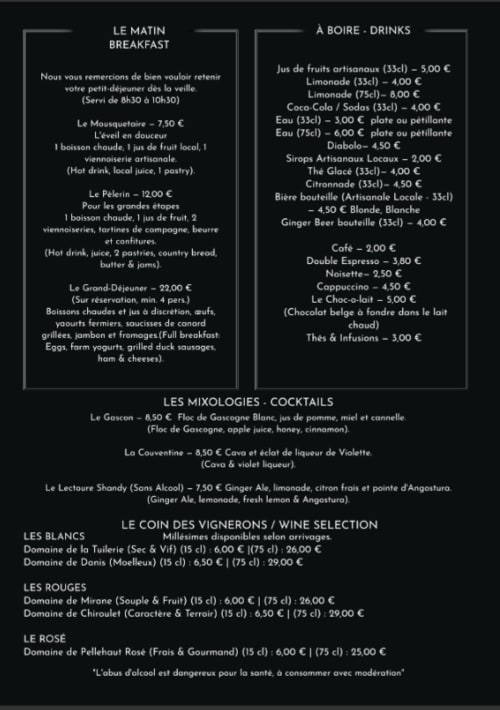 Menu petit-déjeuner et boissons d'Alombre à Lectoure, France avec tarification des plats et boissons