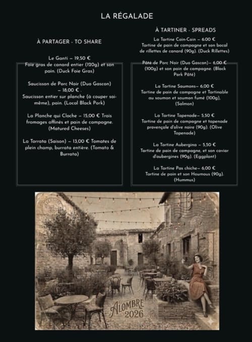 Carte de La Régalade du gîte Alombre à Lectoure : charcuterie française et tartines avec tarifs