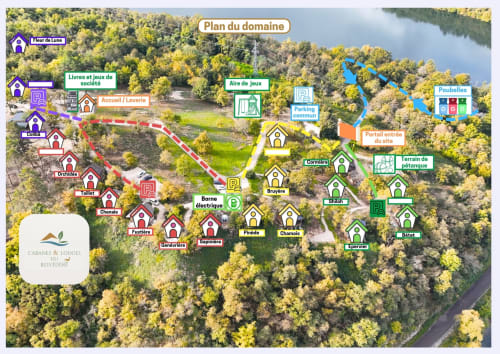 Aerial map of Cabanes et Lodges du Belvédère in Serrières-sur-Ain showing cabin locations, facilities and grounds layout.