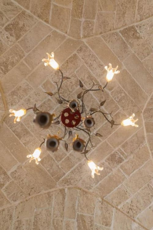 Plafoniera decorativa nella B&B Villa Arneide di Torre Lapillo con fiori bianchi illuminati e rami scuri