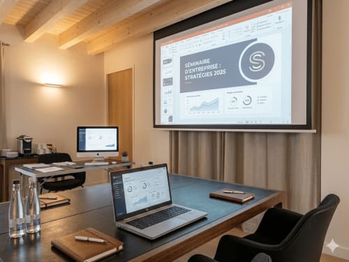 Salle de réunion moderne à l'Espace Ker Gana à Plourin avec projecteur, ordinateurs portables et configuration de présentation commerciale