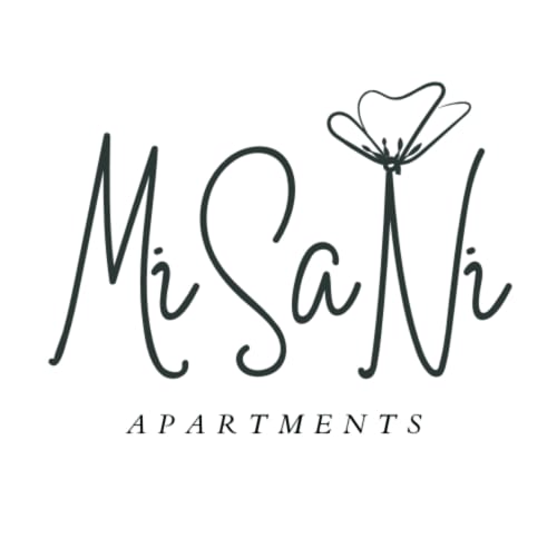 Logo degli Apartamenti MiSaNi con elegante testo manoscritto e delicata illustrazione floreale