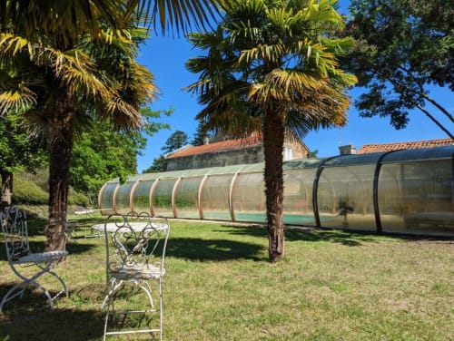 Vue du jardin du Domaine du Faure avec palmiers, mobilier orné et serres sous un ciel dégagé