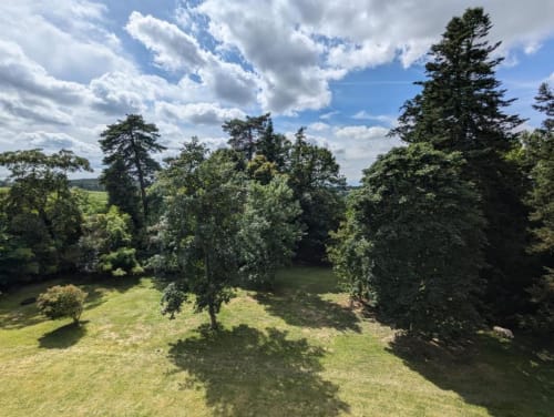Jardins verdoyants du Domaine du Faure à Chadurie avec grands arbres, prairies ondulantes et vues panoramiques depuis la Suite