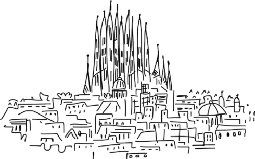 Line sketch of Barcelona's iconic Sagrada Família basilica and cityscape with surrounding architecture