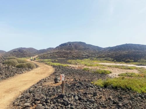 Sendero de senderismo volcánico con rocas de lava y vegetación verde cerca del apartamento Smart Rent Fuerteventura con vistas a la montaña