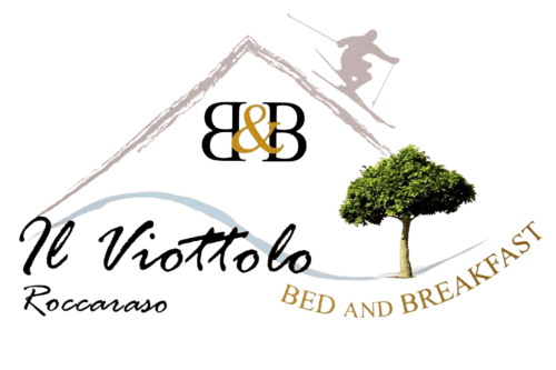 Logo del bed and breakfast Il Viottolo a Roccaraso con montagna, sciatore e albero