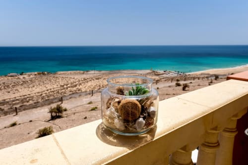 Planta suculenta en frasco de vidrio en balcón con vistas a la playa turquesa y costa arenosa del apartamento frente al mar en Fuerteventura