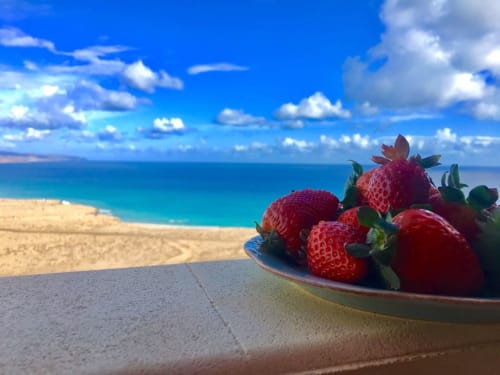 Fresas frescas en plato con vistas a la playa de Fuerteventura, océano turquesa y cielo azul