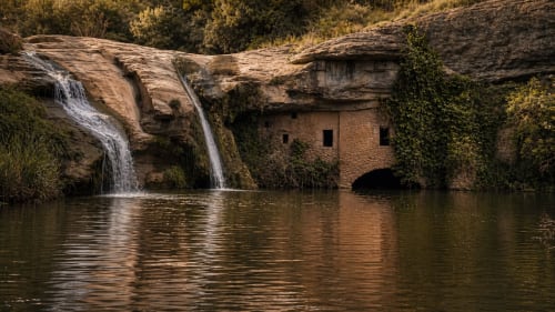 Waterfall and natural pool beside Salto de la Tosca among rock formations.