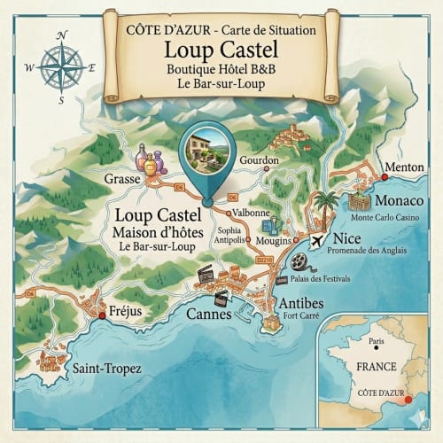 Karte der Côte d'Azur mit dem Standort des Boutique-Hotels Loup Castel in Le Bar-sur-Loup in der Nähe von Nizza und Cannes