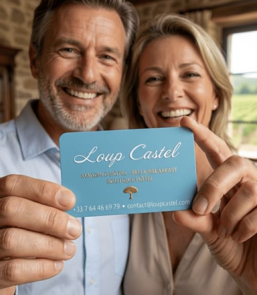 Lachendes Paar hält eine Visitenkarte des Loup Castel Boutique Hotels in der Unterkunft Le Bar-sur-Loup