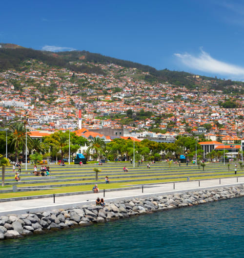 Frente marítima do Funchal com casas coloridas na encosta, espaço verde e vista para o porto na Madeira, Portugal