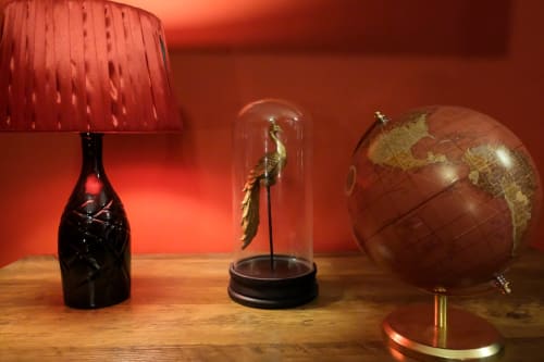 Elegante arredamento della camera LH51 Napoli: lampada vintage, cupola in vetro con piuma e globo in legno su superficie di legno