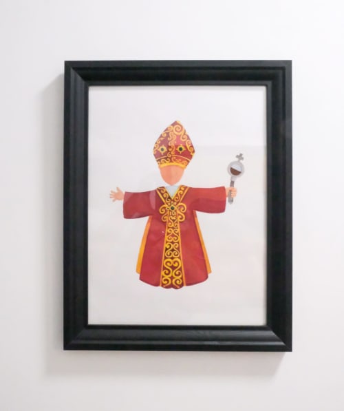Illustrated Russian Orthodox bishop in red and gold robes, framed artwork at LH51 Rooms in Naples