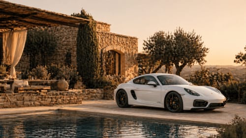 Porsche blanche garée près d'une piscine à une villa en pierre rustique à Nîmes, France, paysage méditerranéen avec oliviers