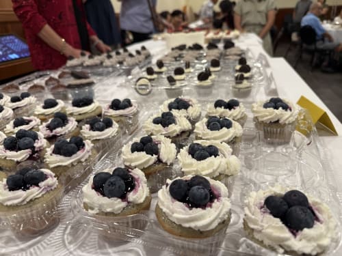 Blueberry cream cupcakes displayed at Golden Mermaid Villa event in Ribeirinha, Portugal