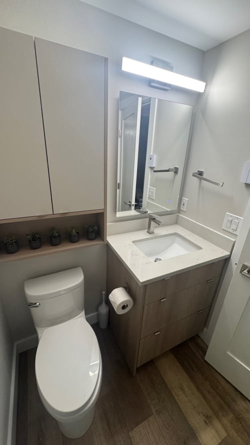 Modern bathroom in Whistler apartment with white vanity, lighted mirror, toilet, and potted plants on shelf