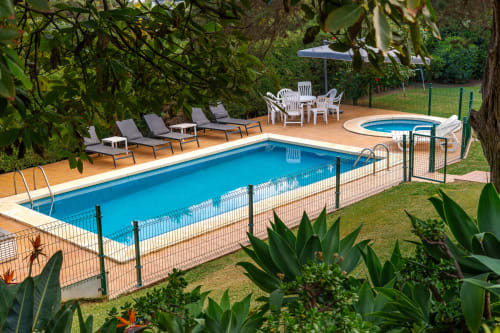 Piscina de Guest Homes Málaga con tumbonas, sombrillas y cercado de seguridad rodeado de frondosos jardines