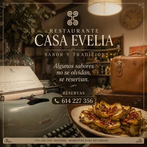 Restaurante Casa Evelia en hotel La Gerencia, Checa: decoración vintage, máquina de escribir y cocina gourmet