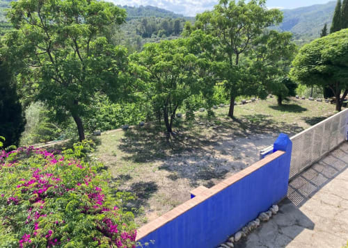 Blue railing overlooking lush trees and mountains at Casa Gallinera, Benissivà