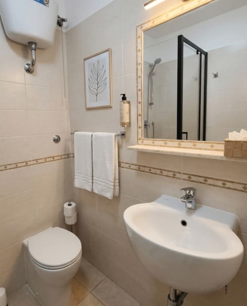 Bagno moderno con lavabo bianco, toilette, doccia e dettagli decorativi in piastrelle all'Hotel Principe Amedeo