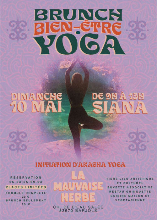 Affiche événement Brunch Bien-être Yoga à La mauvaise herbe à Barjols, 20 mai, avec posture yoga au bord de l'eau