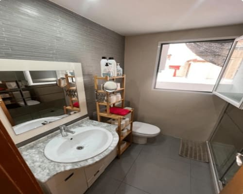 Modern bathroom at Algemesi Home apartment with round sink, mirror, wooden shelving, toilet, and shower in Algemesi, Spain