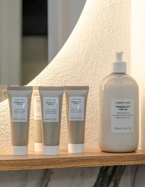 Comfort Zone Tranquility spa products displayed at Palazzo Garibaldi Parma hotel bathroom shelf