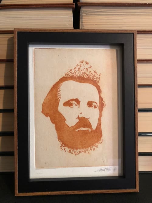 Framed portrait of bearded man with crown, contemporary artwork in YELLOW GREY Suite at Domaine de l'Ocrerie, Pourrain