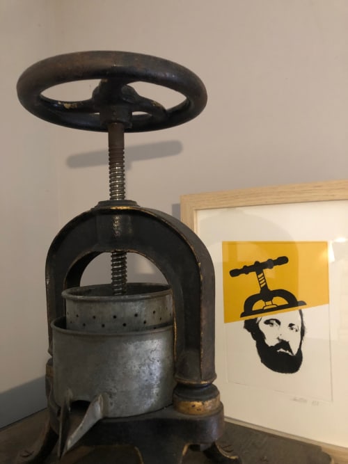 Vintage manual press with yellow contemporary art poster in Yellow Grey Suite Junior at Domaine de l'Ocrerie, Pourrain