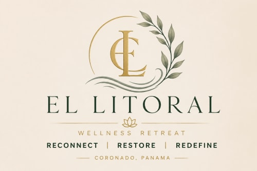 El Litoral Wellness Retreat logo with elegant gold leaf design and tagline Reconnect, Restore, Redefine in Coronado, Panama
