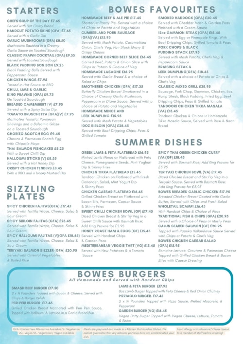 The Bowes Incline menu featuring starters, sizzling plates, burgers, and summer dishes in Birtley