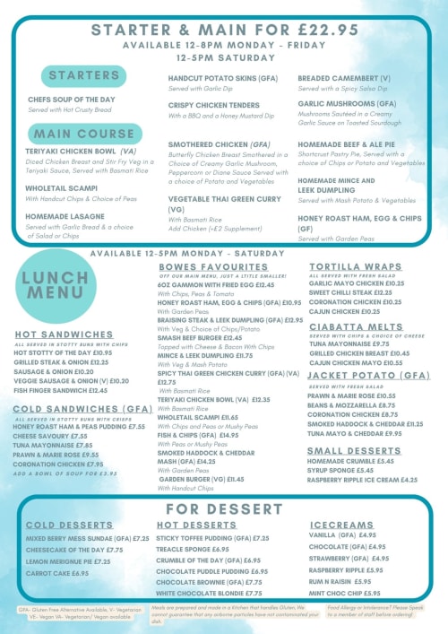 The Bowes Incline menu featuring starter and main courses for £22.95, lunch options, sandwiches, and desserts available in