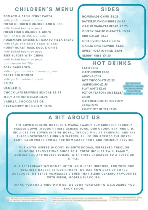 Children's menu from The Bowes Incline hotel featuring pasta, fish, burgers, sides, desserts and hot drinks