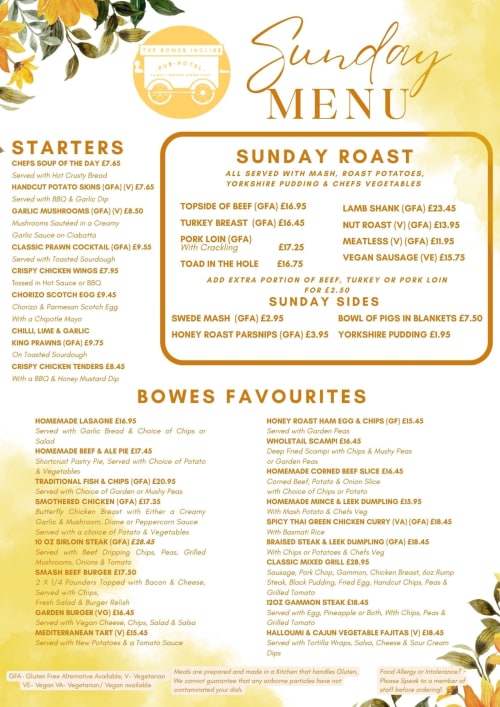 The Bowes Incline Sunday Menu featuring roasts, starters, sides and favourites with prices in Birtley