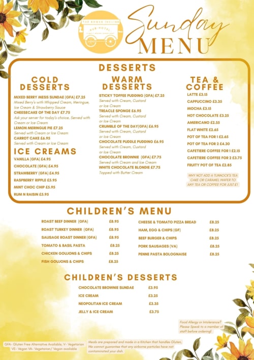 The Bowes Incline Sunday menu featuring desserts, ice creams, tea & coffee, and children's options
