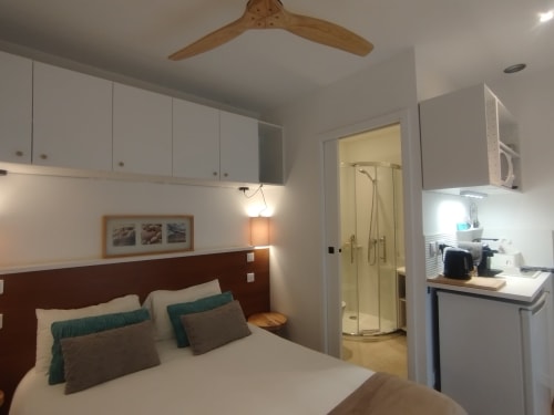 Studio cosy à Villa Voltaire à Clamart avec lit, kitchenette et salle de douche privée