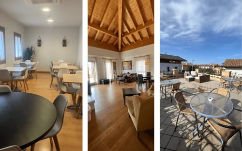 Espacios del hotel Casa Azcona en Zizur Mayor: comedor, interior abovedado en madera y terraza soleada con zona de descanso