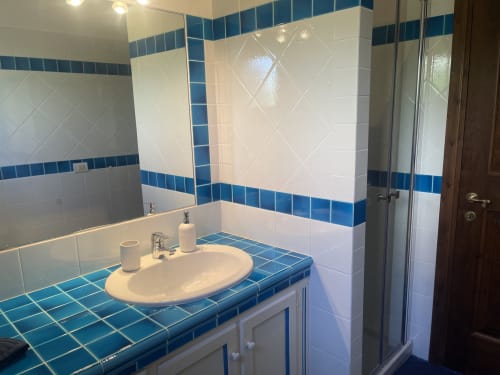 Modern bathroom with blue and white tile design, round sink, and glass shower enclosure at Like at Home Palau hotel in