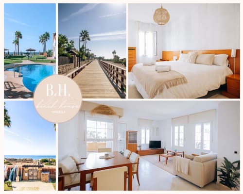 Collage del apartamento BH Marbella Rodas: piscina, paseo marítimo, dormitorio, salón con vistas al jardín
